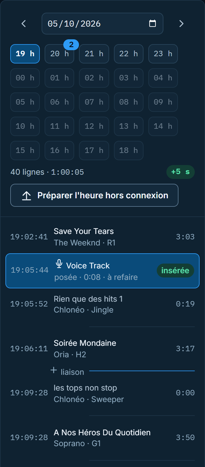 Conducteur de 19 h dans le Voice Tracker : Voice Track posé et inséré, « + liaison » entre deux éléments