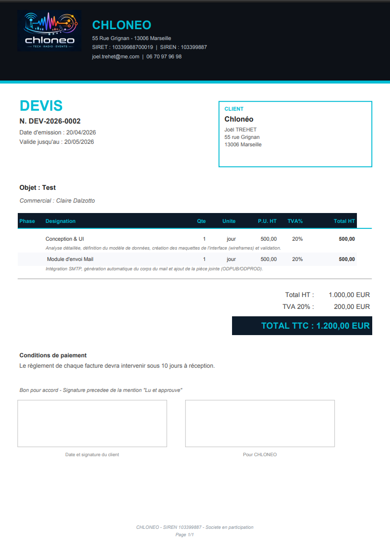Cr&eacute;ation de devis Pulseo