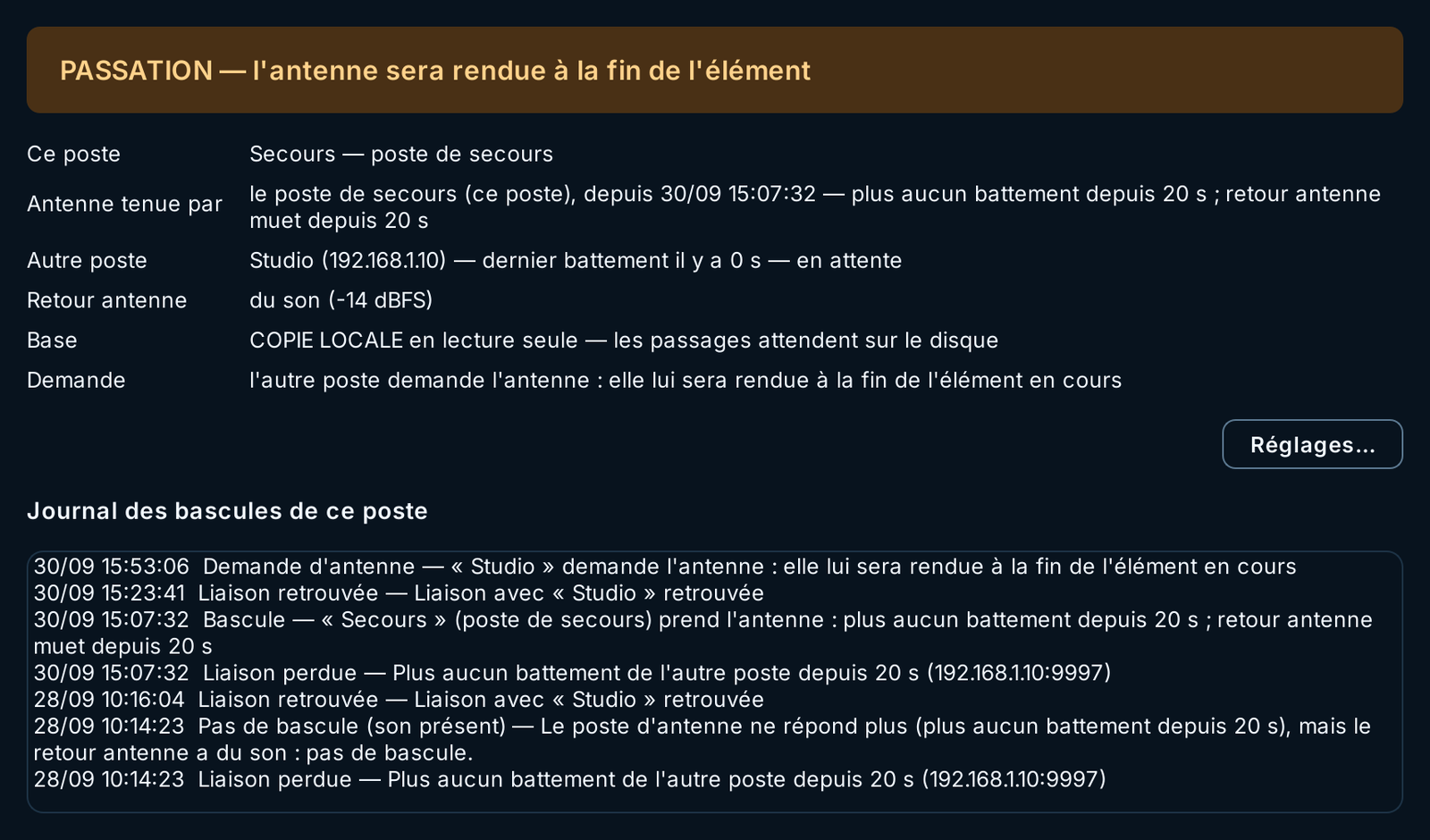 Poste de secours en passation : l'autre poste demande l'antenne, elle lui sera rendue à la fin de l'élément en cours