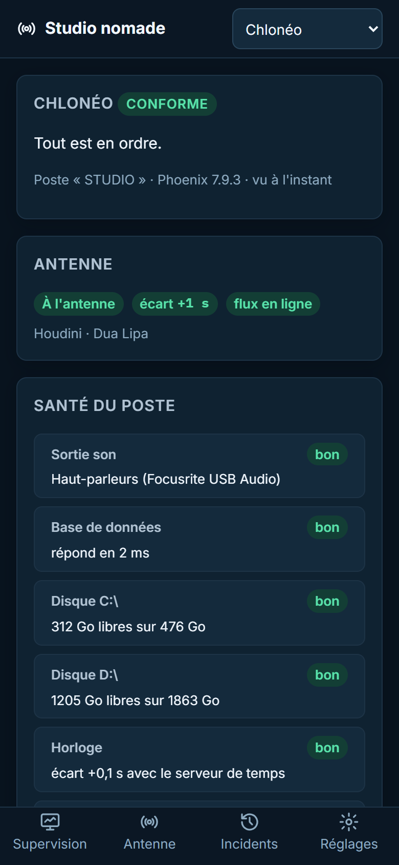 La fiche de la station Chlonéo sur téléphone : statut, antenne, santé du poste